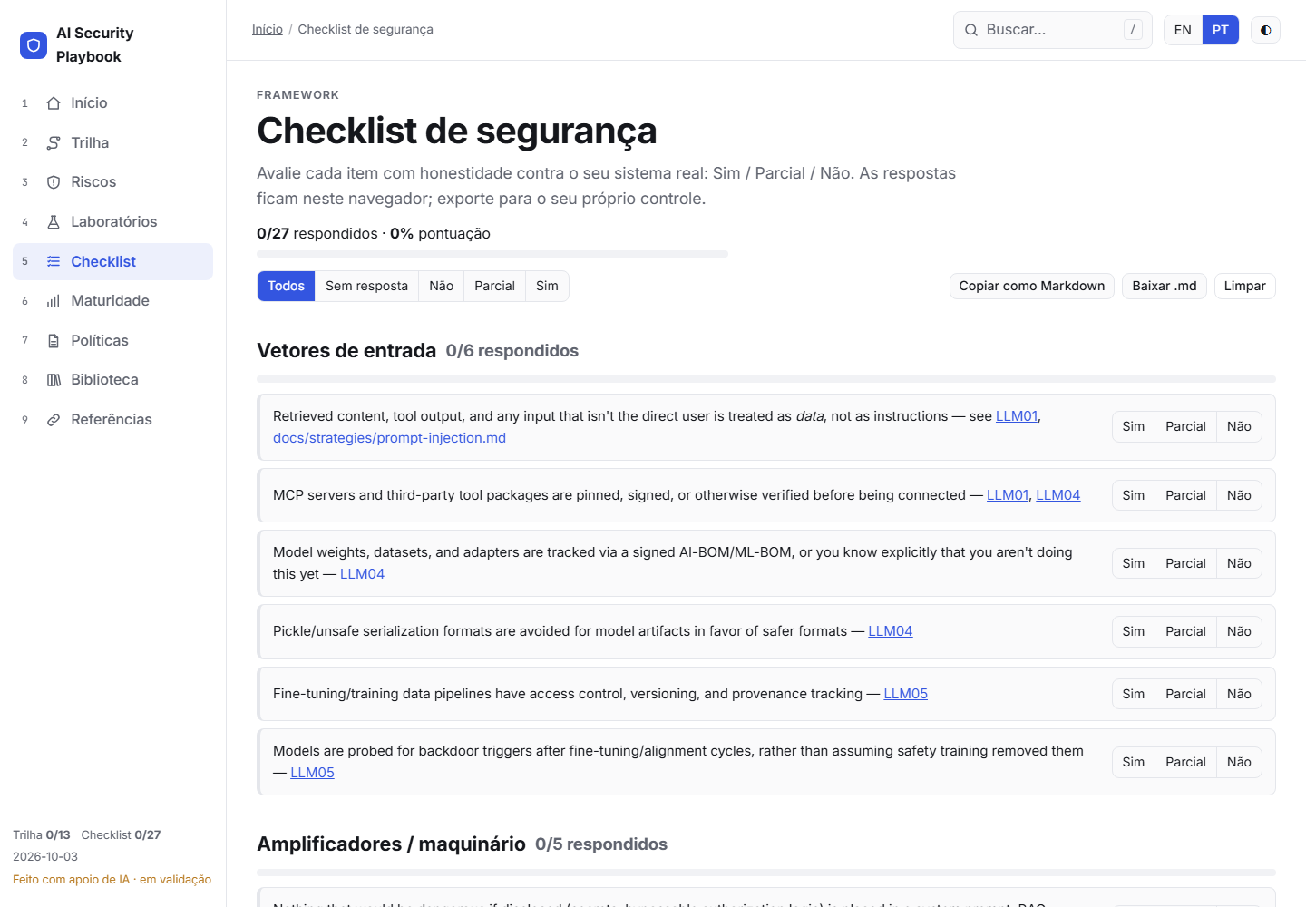 Checklist de segurança interativo, organizado pelas camadas do OWASP LLM Top 10
