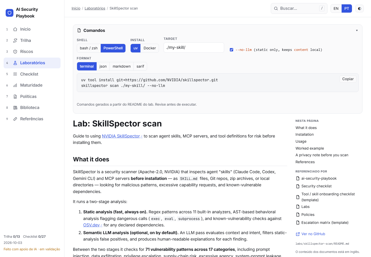 Gerador de comandos do SkillSpector no explorador, com a opção --no-llm marcada