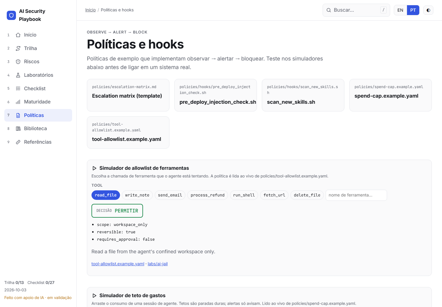 Simulador de allowlist de ferramentas: cada chamada recebe uma decisão com base na política de exemplo